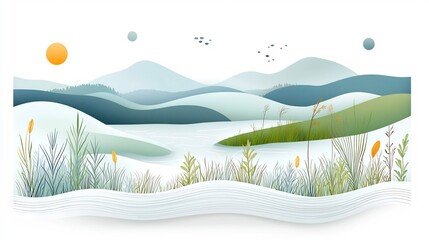 Leinwandbilder - Graphic symbol or icon depicting the essential elements of a wetland ecosystem including marsh plants water waves and small fish designed to represent themes of environmental conservation