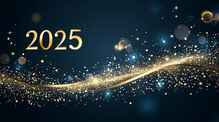 Wall Mural - 2025 happy new year abstract shiny gold glitter wave with bokeh design element