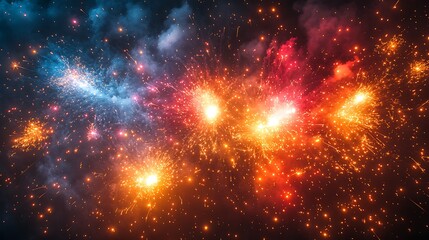 Wall Mural - vibrant fireworks display with red, orange, and blue sparks against a dark night sky.