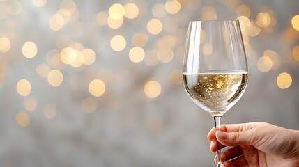 Poster - Elegant wine glass being held by hand with sparkling golden bokeh lighting in the background symbolizing a luxurious and indulgence of wine