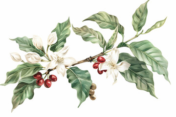 Watercolor coffee plant branch with white flowers, green leaves, and ripe red beans.