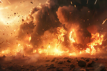 immense explosion with flames, debris, and heat waves in a war-torn smoky terrain.