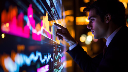 Poster - A businessman examines investment data on a screen. He's figuring out how profitable a global investment network is, looking for ways to improve returns and grow the business.