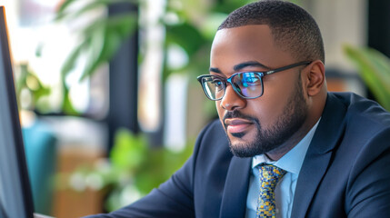 Poster - A businessman examines investment data on a screen. He's figuring out how profitable a global investment network is, looking for ways to improve returns and grow the business.