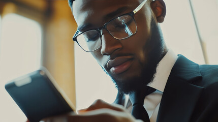 Poster - A businessman uses a phone app.  It's about internet phone calls for businesses.  The technology connects businesses globally.