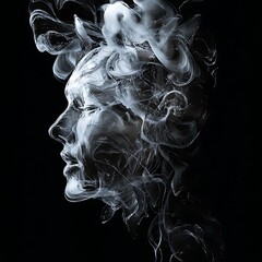 smoke forming a human face profile against a black background.