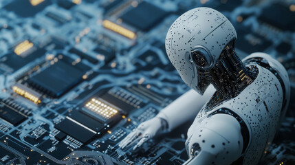 Poster - A tiny AI chip sits on a circuit board.  This shows how AI technology works.