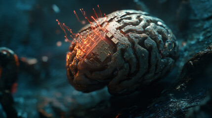 Poster - A tiny AI computer chip implanted in the brain.  This shows a futuristic idea about AI technology.