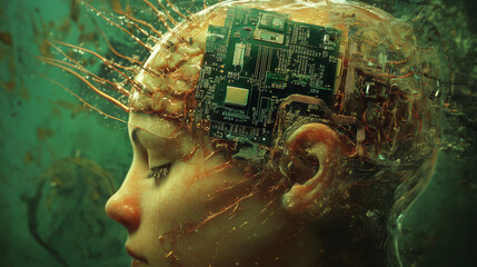 Poster - A tiny AI computer chip implanted in the brain.  This shows a futuristic idea about AI technology.