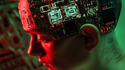Poster - A tiny AI computer chip implanted in the brain.  This shows a futuristic idea about AI technology.