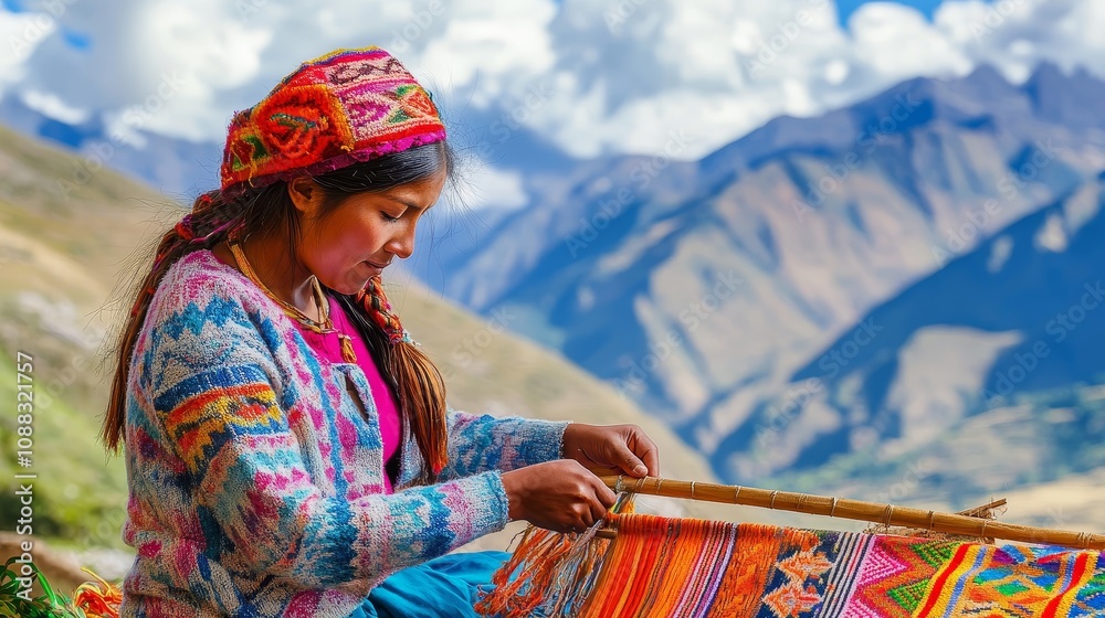 Andean Indigenous Woman Weaving Vibrant Tapestry with Quechua Tribe ...