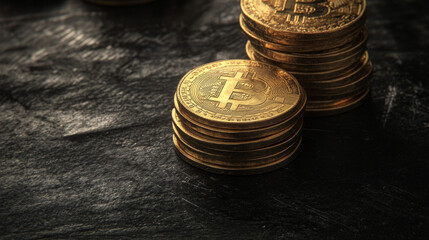 Poster - Stacks of gold Bitcoin coins sit on a black metal background.