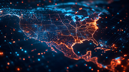 Wall Mural - Digital map of USA, concept of North America global network and connectivity, data transfer and cyber technology, information exchange and telecommunication