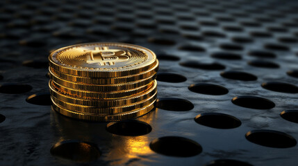 Poster - Gold bitcoins are stacked in a circle on a black metal surface.