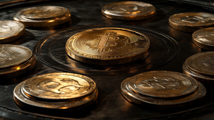 Poster - Gold bitcoins are stacked in a circle on a black metal surface.