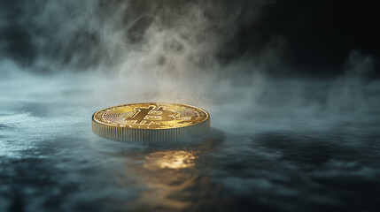 Poster - A gold bitcoin sits on a surface;  vapor rises from beneath it.