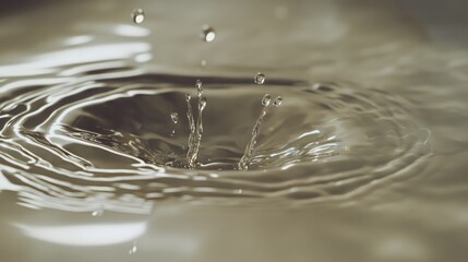 Poster - Close-up view of water droplets creating ripples on a reflective surface with a soft, light background, highlighting the fluid dynamics and textural details.