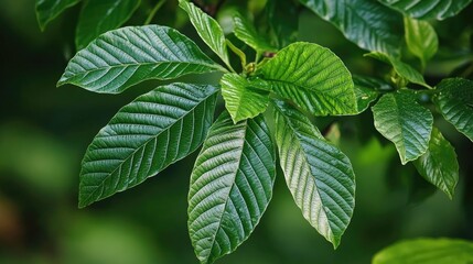 Close-up of a vibrant six-lobed leaf showcasing intricate texture and rich green hues on a tree branch amidst a blurred natural background.