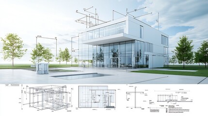 Aufkleber - Digital architectural blueprint showcasing a modern eco friendly building with an integrated water recycling system