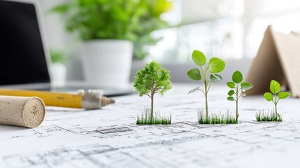 Fototapete - Detailed blueprint showcasing sustainable construction techniques and green building practices for eco friendly infrastructure development and urban planning that promotes environmental