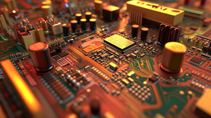 Poster - A computer's main circuit board, showing the processor, chips, and electrical pathways.  A 3D image.