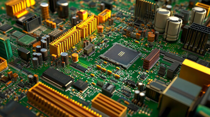 Poster - A computer's main circuit board, showing the processor, chips, and electrical pathways.  A 3D image.