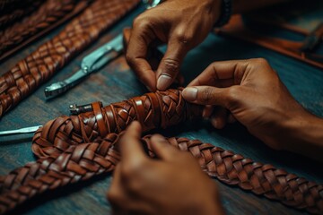 Poster - Hands skillfully braiding leather strips into a textured design.