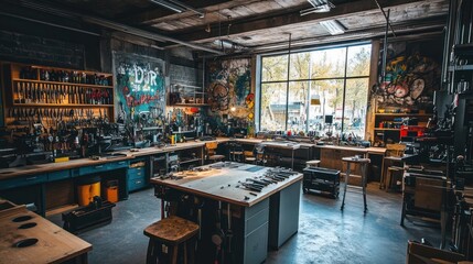 Poster - A spacious workshop filled with tools and equipment, illuminated by natural light.