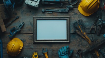 Poster - A collection of tools and safety gear arranged around an empty frame on a wooden surface.