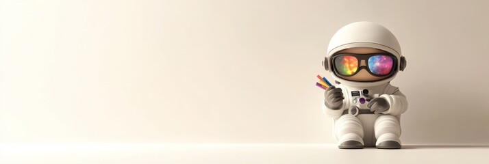 Poster - A cute astronaut character holding colorful markers, sitting against a minimalistic background.