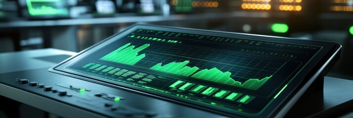 Aufkleber - A sleek digital monitor displaying green data graphs in a high-tech environment.