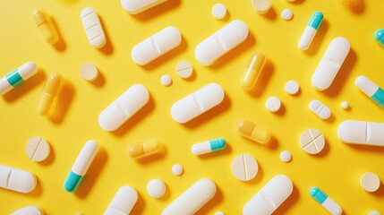 assorted pharmaceutical white pills, tablets, and colorful capsules spread across a bright yellow ba