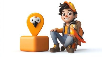 Aufkleber - A cheerful boy with a backpack sits beside a location marker with a bird icon.