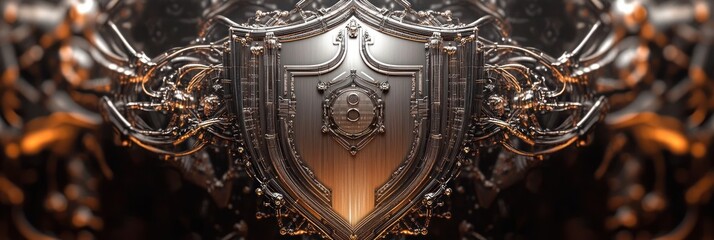 Poster - A metallic shield design with intricate patterns and a central emblem.