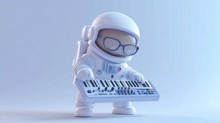 Poster - A 3D cartoon astronaut with glasses plays a synthesizer, blending music and space themes.