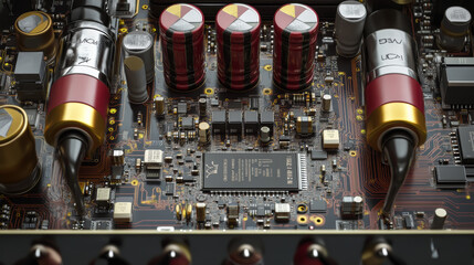 Poster - A computer's main circuit board, shown in 3D, with its processor and other chips, and electrical signals.