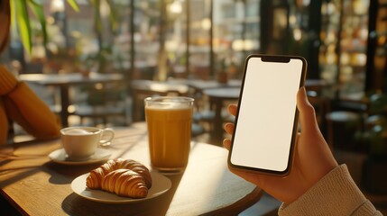 Cell phone white screen mockup Woman hand hold