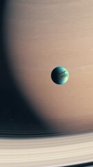 Wall Mural - Vertical Close Shot of Approaching the Moon of Titan with the Gas Giant of Saturn in the Background
