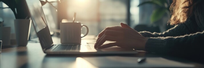 Poster - A person typing on a laptop with a warm light, coffee cup, and plants in the background.