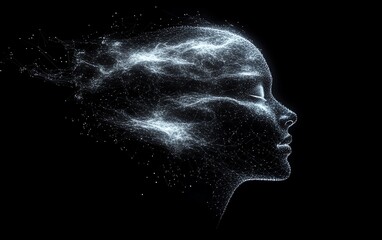 Fototapete - Abstract human head formed from intricate network connections, glowing lines, dark background, AI generative art, futuristic digital concept