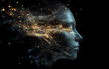 Fototapete - Abstract human head formed from intricate network connections, glowing lines, dark background, AI generative art, futuristic digital concept