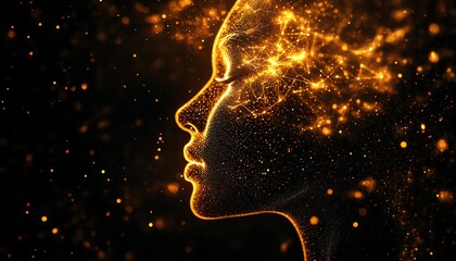 Fototapete - Abstract human head, glowing network connections, dark background, AI generative style, advanced digital pathways, futuristic technology concept