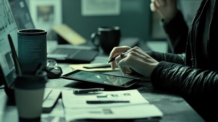 Poster - A person working on a tablet at a desk surrounded by coffee cups and paperwork.