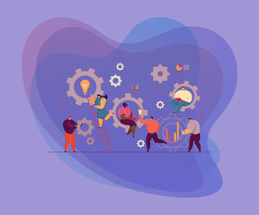 Business people working together in team flat vector illustration. Cartoon scene of company structure organization and management. Communication and teamwork concept