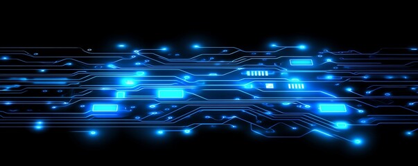 Leinwandbilder - Closeup of glowing blue circuit board lines, dark background, glowing electrical patterns, hightech and modern