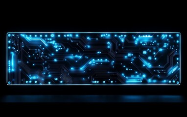 Poster - Closeup of glowing blue circuit board lines on a dark, black background, neonlit details