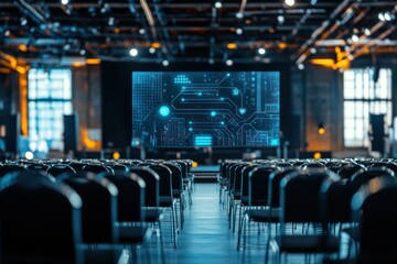 Poster - A conference hall set up for a tech event with rows of chairs facing a large screen.