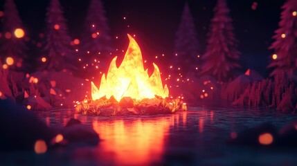 Poster - A vibrant campfire radiates warmth with dynamic flames surrounded by glowing embers, casting light on a tranquil, dark forest setting.