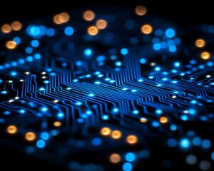Aufkleber - Closeup shot of blue illuminated circuit board, glowing lines on a dark black background, digital art