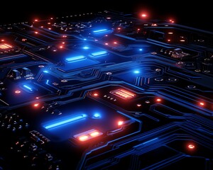 Aufkleber - Closeup shot of blue illuminated circuit board, glowing lines on a dark black background, digital art